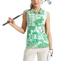 Green Palaka Hawaiian And Japanese Women Sleeveless Polo Shirt Maneki Neko And Sakura Bloom DT05 - Polynesian Pride