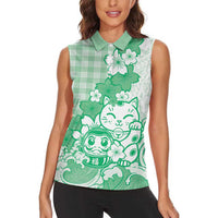 Green Palaka Hawaiian And Japanese Women Sleeveless Polo Shirt Maneki Neko And Sakura Bloom DT05 - Polynesian Pride