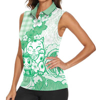 Green Palaka Hawaiian And Japanese Women Sleeveless Polo Shirt Maneki Neko And Sakura Bloom DT05 - Polynesian Pride