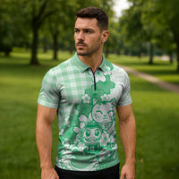 Green Palaka Hawaiian And Japanese Zipper Polo Shirt Maneki Neko And Sakura Bloom DT05 - Polynesian Pride