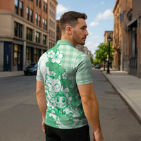 Green Palaka Hawaiian And Japanese Zipper Polo Shirt Maneki Neko And Sakura Bloom DT05 - Polynesian Pride