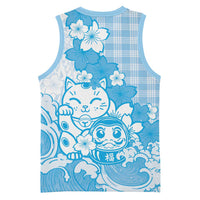 Blue Palaka Hawaiian And Japanese Basketball Jersey Maneki Neko And Sakura Bloom