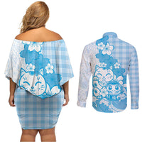Blue Palaka Hawaiian And Japanese Couples Matching Off Shoulder Short Dress and Long Sleeve Button Shirt Maneki Neko And Sakura Bloom DT05 - Polynesian Pride