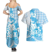 Blue Palaka Hawaiian And Japanese Couples Matching Summer Maxi Dress and Hawaiian Shirt Maneki Neko And Sakura Bloom DT05 - Polynesian Pride