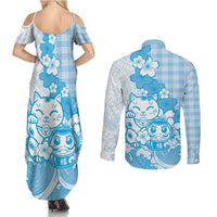 Blue Palaka Hawaiian And Japanese Couples Matching Summer Maxi Dress and Long Sleeve Button Shirt Maneki Neko And Sakura Bloom DT05 - Polynesian Pride