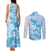 Blue Palaka Hawaiian And Japanese Couples Matching Tank Maxi Dress and Long Sleeve Button Shirt Maneki Neko And Sakura Bloom DT05 - Polynesian Pride