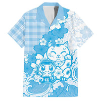 Blue Palaka Hawaiian And Japanese Family Matching Long Sleeve Bodycon Dress and Hawaiian Shirt Maneki Neko And Sakura Bloom DT05 Dad's Shirt - Short Sleeve Blue - Polynesian Pride