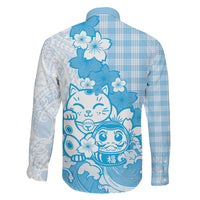 Blue Palaka Hawaiian And Japanese Family Matching Off Shoulder Short Dress and Hawaiian Shirt Maneki Neko And Sakura Bloom