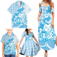 Blue Palaka Hawaiian And Japanese Family Matching Summer Maxi Dress and Hawaiian Shirt Maneki Neko And Sakura Bloom