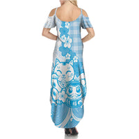 Blue Palaka Hawaiian And Japanese Family Matching Summer Maxi Dress and Hawaiian Shirt Maneki Neko And Sakura Bloom