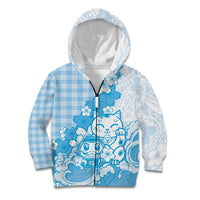 Blue Palaka Hawaiian And Japanese Kid Hoodie Maneki Neko And Sakura Bloom