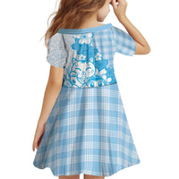 Blue Palaka Hawaiian And Japanese Kid Short Sleeve Dress Maneki Neko And Sakura Bloom