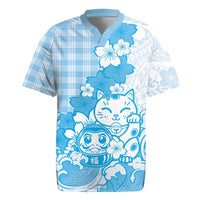 Blue Palaka Hawaiian And Japanese Rugby Jersey Maneki Neko And Sakura Bloom