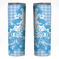 Blue Palaka Hawaiian And Japanese Skinny Tumbler Maneki Neko And Sakura Bloom DT05 Blue - Polynesian Pride