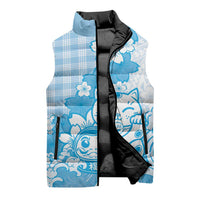 Blue Palaka Hawaiian And Japanese Sleeveless Puffer Jacket Maneki Neko And Sakura Bloom