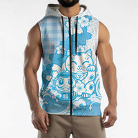 Blue Palaka Hawaiian And Japanese Sleeveless Zip Hoodie Maneki Neko And Sakura Bloom