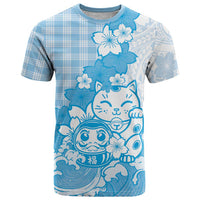 Blue Palaka Hawaiian And Japanese T Shirt Maneki Neko And Sakura Bloom