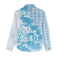 Blue Palaka Hawaiian And Japanese Women Casual Shirt Maneki Neko And Sakura Bloom DT05 - Polynesian Pride