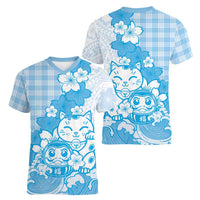 Blue Palaka Hawaiian And Japanese Women V-Neck T-Shirt Maneki Neko And Sakura Bloom DT05 - Polynesian Pride