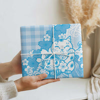 Blue Palaka Hawaiian And Japanese Wrapping Paper Maneki Neko And Sakura Bloom
