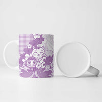Purple Palaka Hawaiian And Japanese Ceramic Mug Maneki Neko And Sakura Bloom