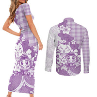 Purple Palaka Hawaiian And Japanese Couples Matching Short Sleeve Bodycon Dress and Long Sleeve Button Shirt Maneki Neko And Sakura Bloom DT05 - Polynesian Pride