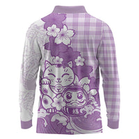 Purple Palaka Hawaiian And Japanese Long Sleeve Polo Shirt Maneki Neko And Sakura Bloom DT05 - Polynesian Pride