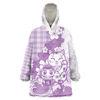 Purple Palaka Hawaiian And Japanese Wearable Blanket Hoodie Maneki Neko And Sakura Bloom