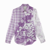 Purple Palaka Hawaiian And Japanese Women Casual Shirt Maneki Neko And Sakura Bloom DT05 - Polynesian Pride