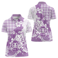 Purple Palaka Hawaiian And Japanese Women Polo Shirt Maneki Neko And Sakura Bloom DT05 - Polynesian Pride