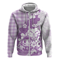 Purple Palaka Hawaiian And Japanese Zip Hoodie Maneki Neko And Sakura Bloom
