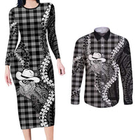 Black Hawaii Palaka Cowboy Turtle Couples Matching Long Sleeve Bodycon Dress and Long Sleeve Button Shirt Hawaiian Paniolo Puakenikeni Maile Lei