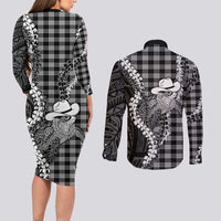 Black Hawaii Palaka Cowboy Turtle Couples Matching Long Sleeve Bodycon Dress and Long Sleeve Button Shirt Hawaiian Paniolo Puakenikeni Maile Lei