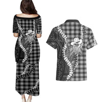 Black Hawaii Palaka Cowboy Turtle Couples Matching Puletasi and Hawaiian Shirt Hawaiian Paniolo Puakenikeni Maile Lei
