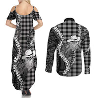 Black Hawaii Palaka Cowboy Turtle Couples Matching Summer Maxi Dress and Long Sleeve Button Shirt Hawaiian Paniolo Puakenikeni Maile Lei