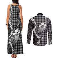 Black Hawaii Palaka Cowboy Turtle Couples Matching Tank Maxi Dress and Long Sleeve Button Shirt Hawaiian Paniolo Puakenikeni Maile Lei
