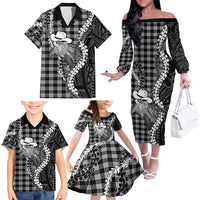 Black Hawaii Palaka Cowboy Turtle Family Matching Off The Shoulder Long Sleeve Dress and Hawaiian Shirt Hawaiian Paniolo Puakenikeni Maile Lei DT05 - Polynesian Pride