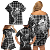 Black Hawaii Palaka Cowboy Turtle Family Matching Off Shoulder Short Dress and Hawaiian Shirt Hawaiian Paniolo Puakenikeni Maile Lei DT05 - Polynesian Pride