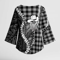 Black Hawaii Palaka Cowboy Turtle Kimono Sleeve Blouse Hawaiian Paniolo Puakenikeni Maile Lei DT05 - Polynesian Pride