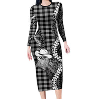 Black Hawaii Palaka Cowboy Turtle Long Sleeve Bodycon Dress Hawaiian Paniolo Puakenikeni Maile Lei
