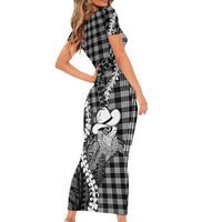 Black Hawaii Palaka Cowboy Turtle Short Sleeve Bodycon Dress Hawaiian Paniolo Puakenikeni Maile Lei