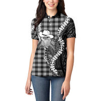 Black Hawaii Palaka Cowboy Turtle Women Polo Shirt Hawaiian Paniolo Puakenikeni Maile Lei