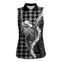 Black Hawaii Palaka Cowboy Turtle Women Sleeveless Polo Shirt Hawaiian Paniolo Puakenikeni Maile Lei