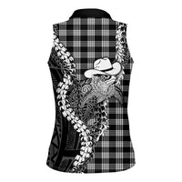 Black Hawaii Palaka Cowboy Turtle Women Sleeveless Polo Shirt Hawaiian Paniolo Puakenikeni Maile Lei