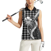 Black Hawaii Palaka Cowboy Turtle Women Sleeveless Polo Shirt Hawaiian Paniolo Puakenikeni Maile Lei