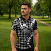 Black Hawaii Palaka Cowboy Turtle Zipper Polo Shirt Hawaiian Paniolo Puakenikeni Maile Lei