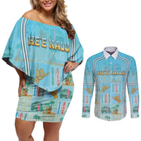 Custom Hawaii Surfing Couples Matching Off Shoulder Short Dress and Long Sleeve Button Shirt He'e Nalu