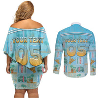 Custom Hawaii Surfing Couples Matching Off Shoulder Short Dress and Long Sleeve Button Shirt He'e Nalu