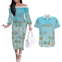 Custom Hawaii Surfing Couples Matching Off The Shoulder Long Sleeve Dress and Hawaiian Shirt He'e Nalu DT05 Blue - Polynesian Pride