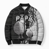 Personalised New Zealand Father's Day Bomber Puffer Jacket Papa Kiwi Bird Tribal Pattern